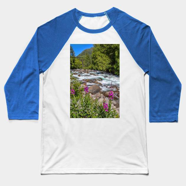 USA. Alaska. Wild River with Flowers in foreground. Baseball T-Shirt by vadim19